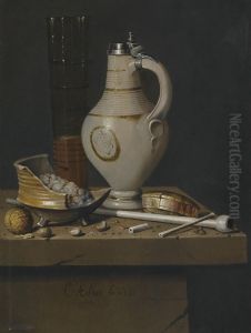 A 'toebakje' Still Life Of Smoker's Requisites, A Jug And A Tall Glass Partly Filled With Beer