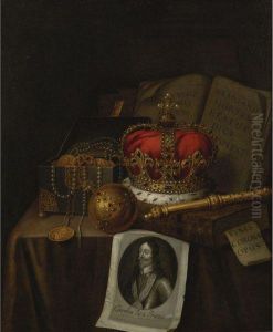 Vanitas Still Life With Crown, Jewels And An Engraving Of Charles Iof England by Edwart Collier