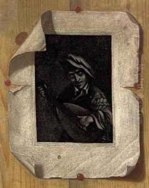 A Trompe L'oeil With A Print After A Painting By Adriaen Van Ostadedepicting A Man With A Guitar, Affixed To A Panel - view 1