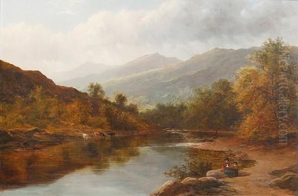 River Landscape With Cattle Watering Andfigures Resting On The Bank - view 1