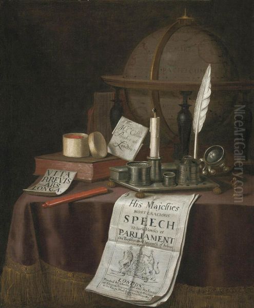 A Globe, An Inkwell With A Candle, Books And Other Objects On Adraped Table - view 1
