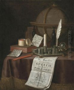 A Globe, An Inkwell With A Candle, Books And Other Objects On Adraped Table by Edward Collier