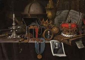A Vanitas With A Medallion Of Henri Iv Of France, A Candlestick,globe And Other Objects, On A Draped Table by Edward Collier