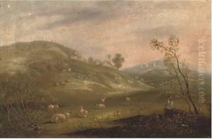 A Shepherd And His Flock On A Hillside With Cottages In Thedistance