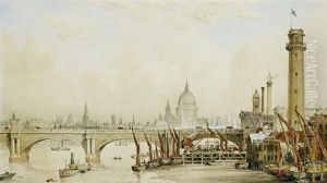 The South Shore Of The Thames In London, Looking Across Waterloo Bridge Towards St Pauls by James Kelaway Colling