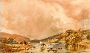 Cattle Watering By A River With A Stormy Sky Overhead by William Collingwood Smith
