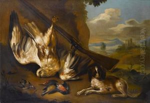 A Spaniel With A Dead Sparrowhawk, Goldfinch And Finch, With A Flintlock Beside A Tree, A View To A Landscape Beyond by Charles Collins