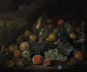 Still Life Of Pears, Peaches, Apples, Plums, Grapes, Hazelnuts, Andflowers On A Bank