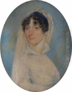Miniature Portrait Of Alady, Head And Shoulders - Wearing A Long White Veil And Bluevelvet Hair Band