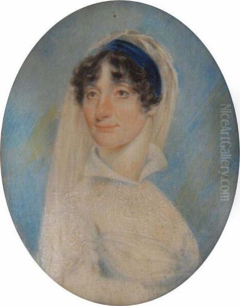 Miniature Portrait Of A Ladyhead And Shoulders, Wearing A Long White Veil And Blue Velvet Headband, Sky Background - view 1