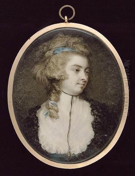 A Lady, Called Mrs Graves, Gazing To Her Left, Wearing Blue Dress With Frilled White Fichu, Black Shawl, Pendant On A Thin Black Ribbon And Blue Ribbon In Her Twisted Powdered Hair - view 1