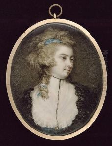 A Lady, Called Mrs Graves, Gazing To Her Left, Wearing Blue Dress With Frilled White Fichu, Black Shawl, Pendant On A Thin Black Ribbon And Blue Ribbon In Her Twisted Powdered Hair