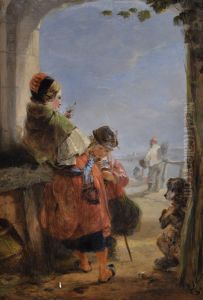 Young Fisher Children Under A Stone Archway By The Sea