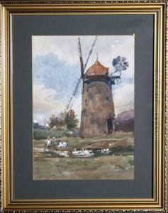 An Old Windmill With Children By A Duck Pond In The Foreground by Alfred James Collister
