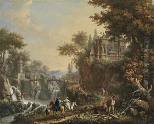 A Landscape With Antique Ruins And A Waterfall