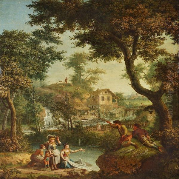 Pastoral Landscape With Waterfall And A Village In The Background - view 1