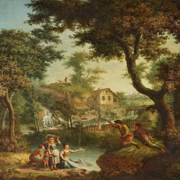 Pastoral Landscape With Waterfall And Village In The Background - view 1