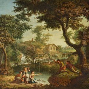 Pastoral Landscape With Waterfall And Village In The Background