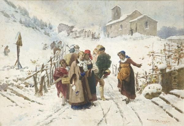 Scena Di Genere Con Viaggiatori In Paesaggio Innevato - view 1