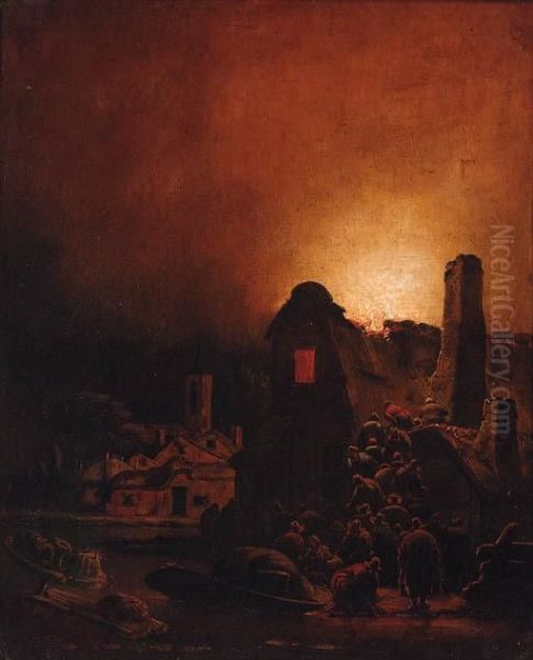 A Fire In A Village At Night - view 1
