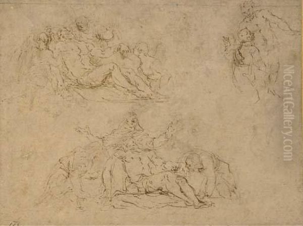 Deux Etudes Du Christ Mort Entoure De Figures Avec Une Etude D'unsaint Avec Le Christ - view 1