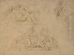 Deux Etudes Du Christ Mort Entoure De Figures Avec Une Etude D'unsaint Avec Le Christ by Angelo Michele Colonna