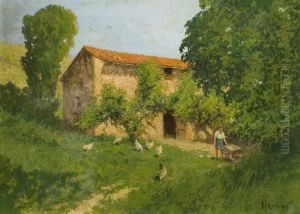 Paisaje Con Campesino Y Gallinas. by Augusto Comas Y Blanco