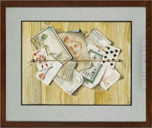 Trompe L'oeil Of Various Items Affixed To A Wall By Tape