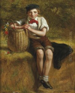 A Young Boy Resting On A Sandy Bank With A Basket Of Wildflowers by Charles Compton