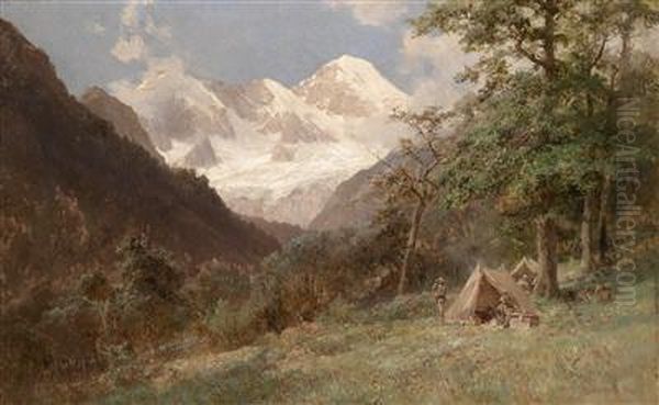 View Of A Mountain Chain In The Caucasus With Explorers In Their Tented Camp - view 1