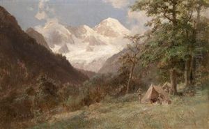 View Of A Mountain Chain In The Caucasus With Explorers In Their Tented Camp