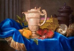 Natura Morta Con Velluto Blu, Frutta, Anfora E Conchiglie