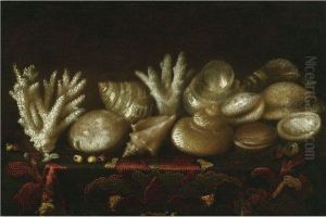 Still Life Of Assorted Shells And Coral Upon A Table Draped Witha Carpet by Meiffren (Ephren) Conte (Leconte)