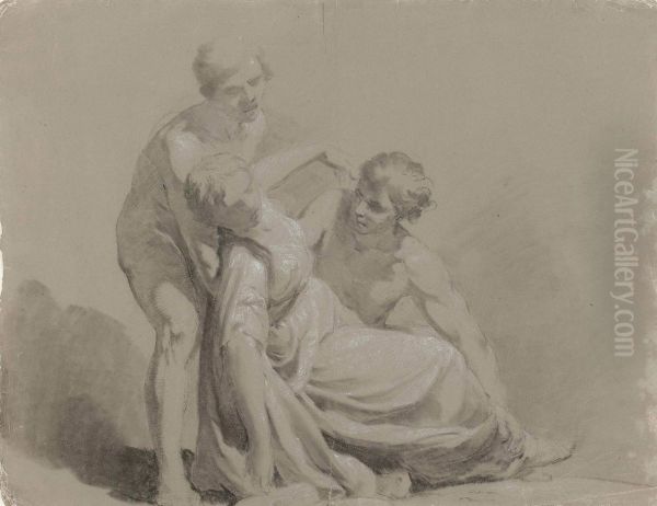 Two Young Men Supporting A Swooning Woman - view 1