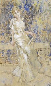 Young Woman In A White Dress On A Terrace by Luigi Conconi