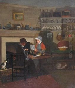 Interior Scene With Two Women By A Fire