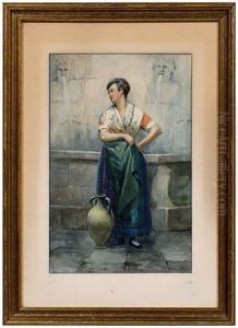 Italian Woman Withwater Jug By A Fountain