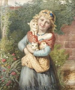 Fillette Aux Chatons, Dans Un Jardin