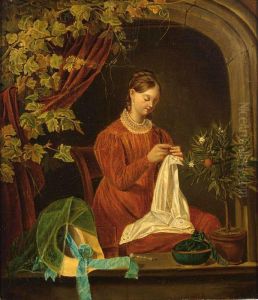 A Young Lady Doing Needlework In A Window