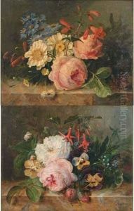 1-bouquet De Fleurs Aux Roses Et Pensees Sur Un Entablement by Louis Aristide Leon Constans
