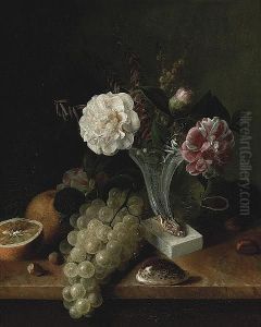 A Still Life With Flowers, Grapes, Oranges, Chestnuts And A Conch Shell On A Ledge