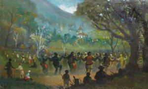 "the Rounddance At The Monastry", Signed At Bottom Right In Ochre, Oil Oncardboard, 62x99.5cm "the Rounddance At The Monastry", Signed At Bottom Right In Ochre, Oil Oncardboard, 62x99.5cm