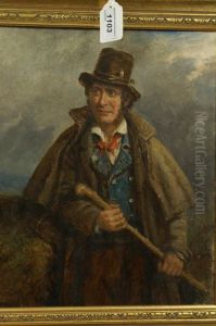 Portrait Of A Gentleman Wearing A Tall Hat With A Clay Pipe In Its Hand, Long Overcoat, Holding A Stick