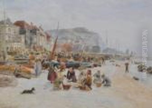 Busy Hastingsbeach Scene With Crowds Of Fisherfolk Sorting The Catch - view 1