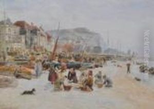 Busy Hastingsbeach Scene With Crowds Of Fisherfolk Sorting The Catch by Ebenezer Wake Cook
