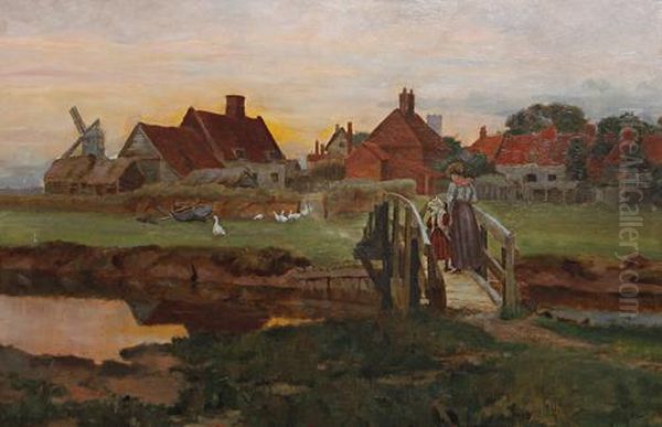 Figures Crossing A Bridge With A Farmstead Beyond - view 1