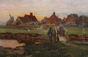 Figures Crossing A Bridge With A Farmstead Beyond