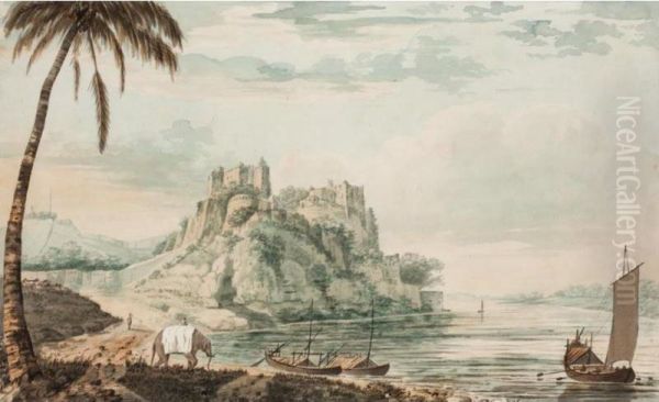 The Fort Of Chunargar On The River Ganges, Near Benares, Seen From The West Side; A View Of An Insulated Rock At Jangerah On The River Ganges, With A Bungerow. - view 1