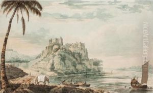 The Fort Of Chunargar On The River Ganges, Near Benares, Seen From The West Side; A View Of An Insulated Rock At Jangerah On The River Ganges, With A Bungerow. by Henry Cook