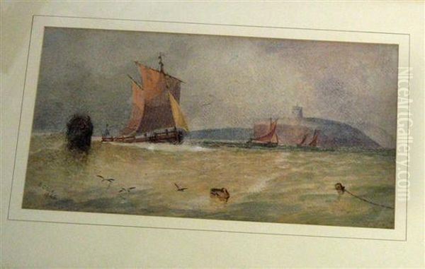 Fishing Vessels At Sea With Cliffs - view 1